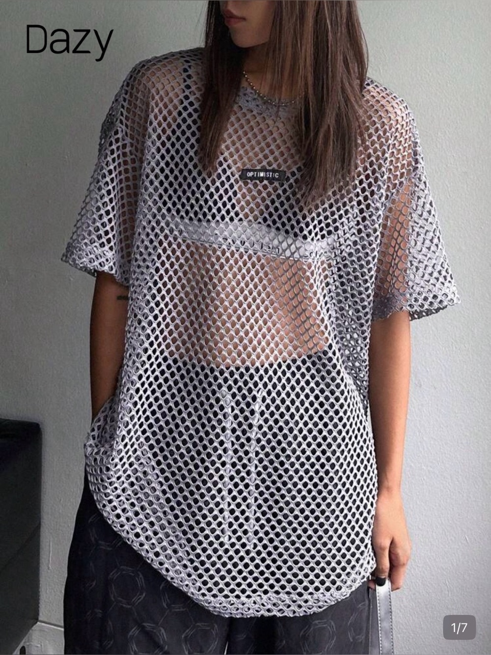 Dazy Gray Open-Knit Mesh Short Sleeve Tee